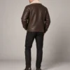 Brown leather jacket with cream shearling collar back view