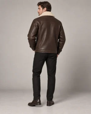 Brown leather jacket with cream shearling collar back view