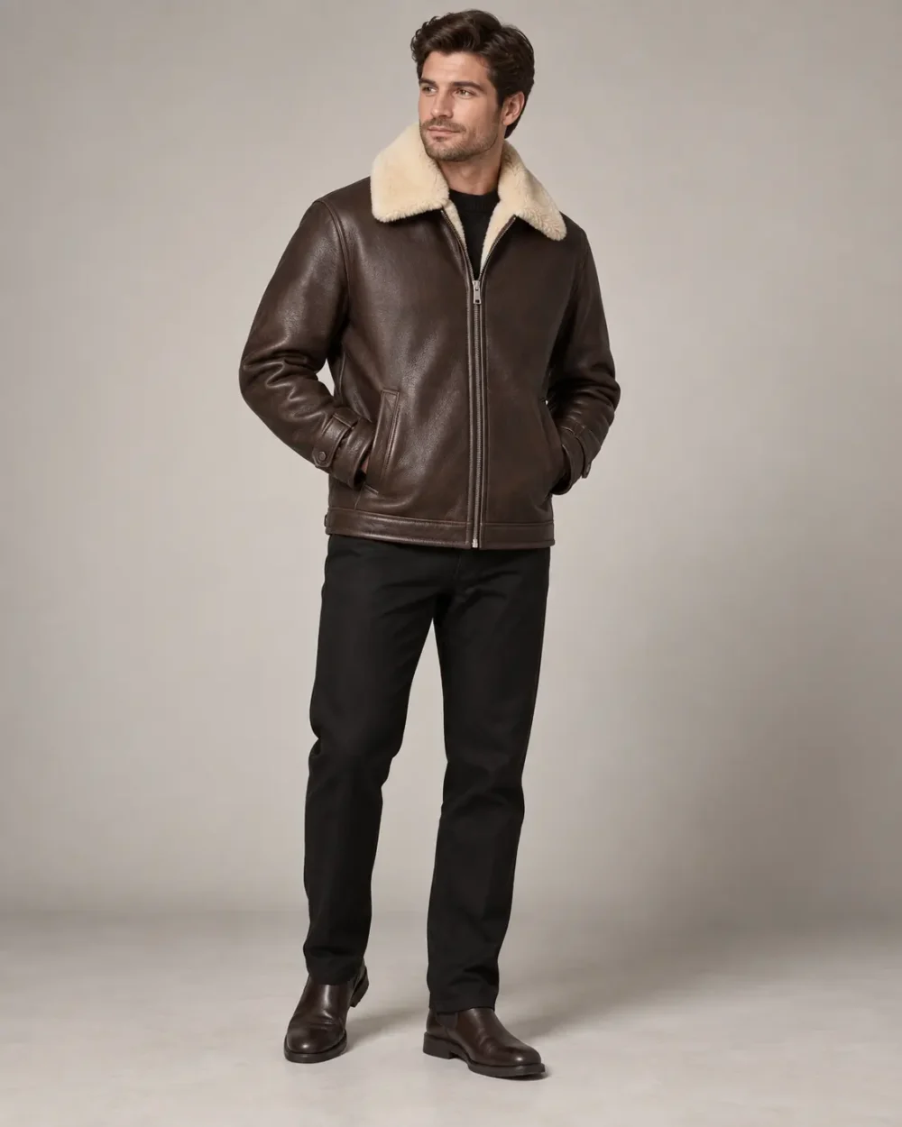 Brown leather jacket with cream shearling collar front view