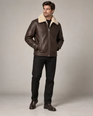 shearling-collar-leather-jacket-front Brown leather jacket with cream shearling collar front view