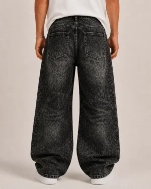 Snow washed black baggy jeans front view