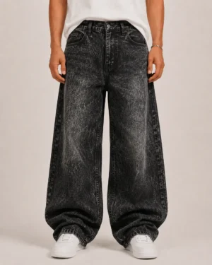 Snow washed black baggy jeans back view
