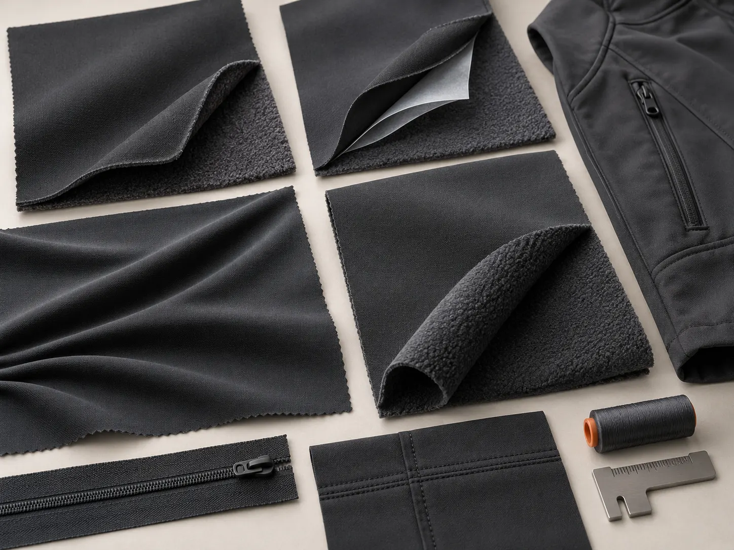 Two layer three layer stretch and fleece backed softshell fabric construction samples