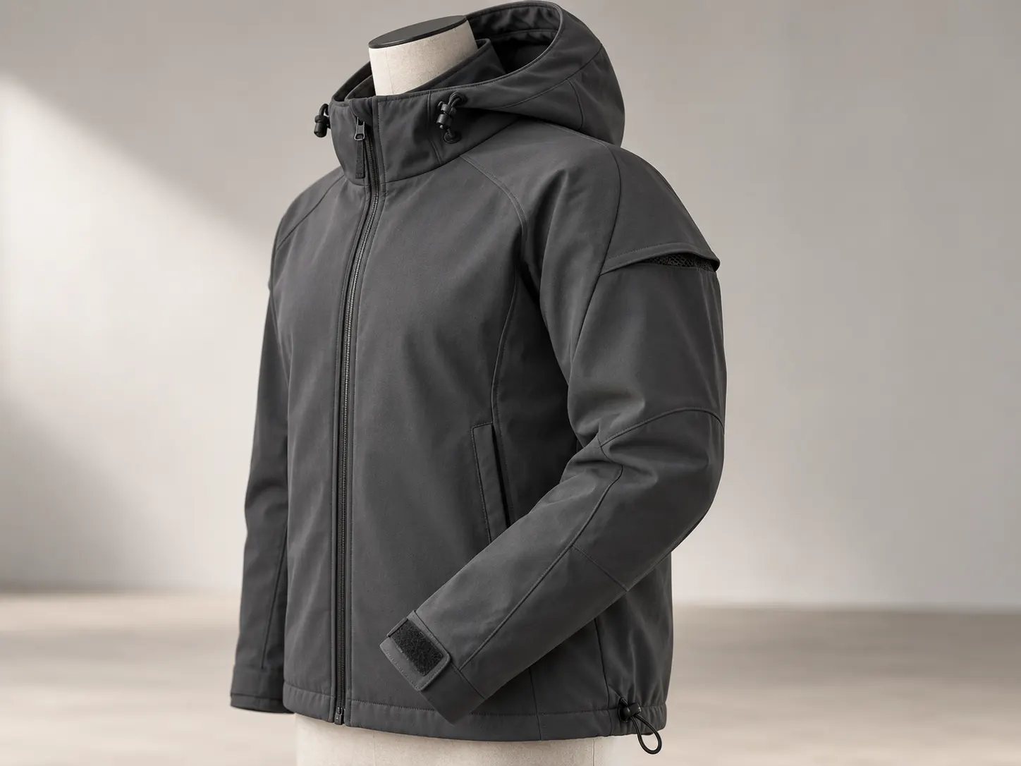 Softshell jacket hood collar adjustable cuffs drawcord hem ventilation and ergonomic panels