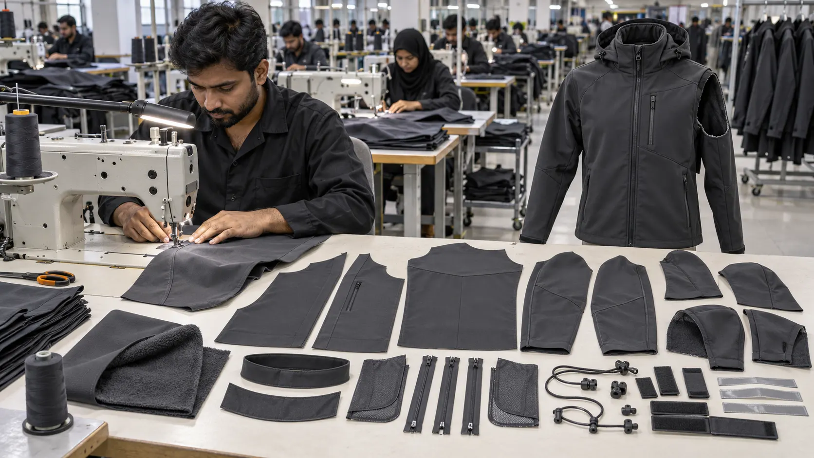 Custom softshell jacket cutting sewing assembly branding and quality control process