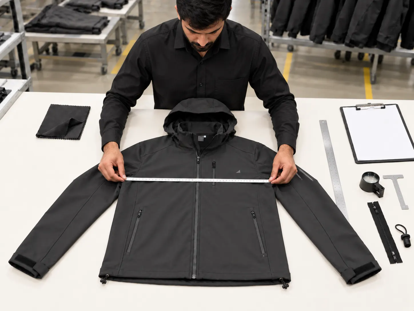 Quality control inspection of custom softshell jacket measurements zippers and construction
