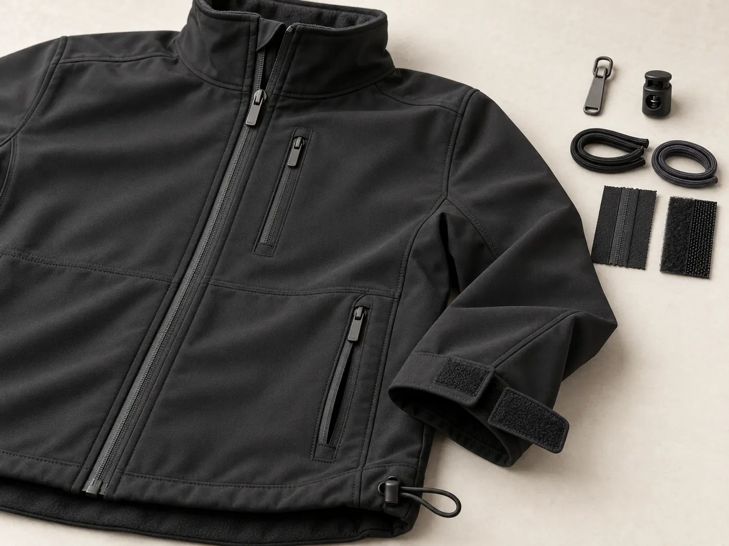 Softshell jacket front zipper chest pockets drawcords cord locks and adjustable hardware