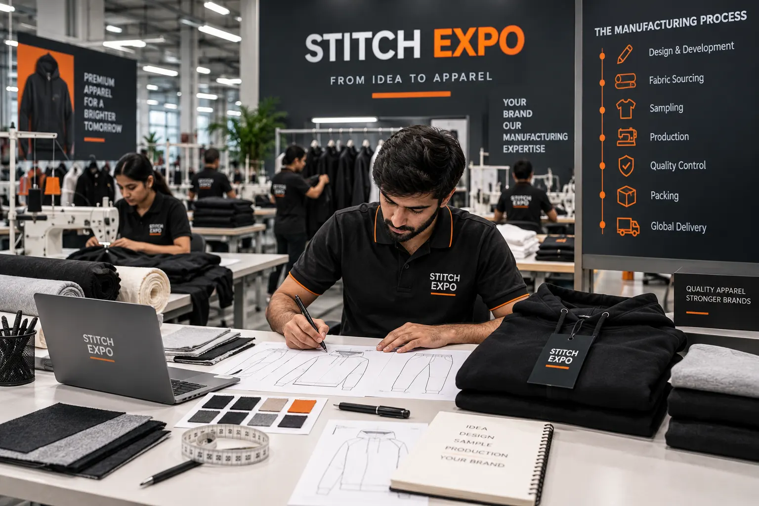 Custom apparel production inside Stitch Expo clothing manufacturing facility