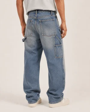 Stone washed carpenter jeans back view with hammer loop