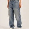 stone-washed-carpenter-jeans-front Stone washed carpenter jeans front view with utility pockets