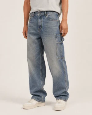stone-washed-carpenter-jeans-front Stone washed carpenter jeans front view with utility pockets