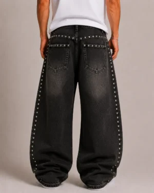 Custom studded denim jeans back view