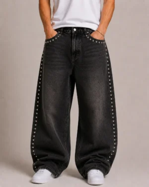 Custom studded denim jeans front view