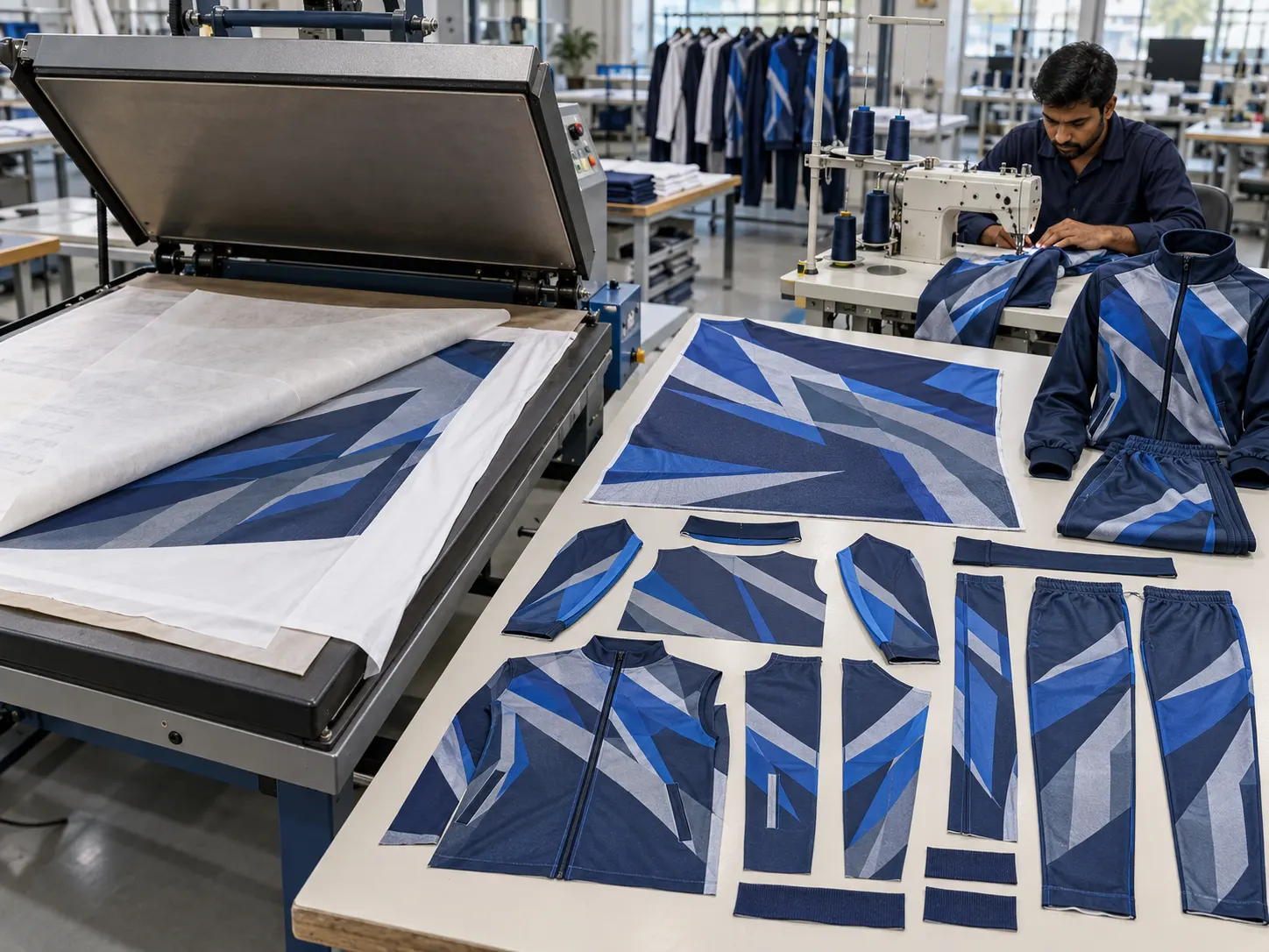 Custom sublimated polyester tracksuit panels being printed cut and assembled