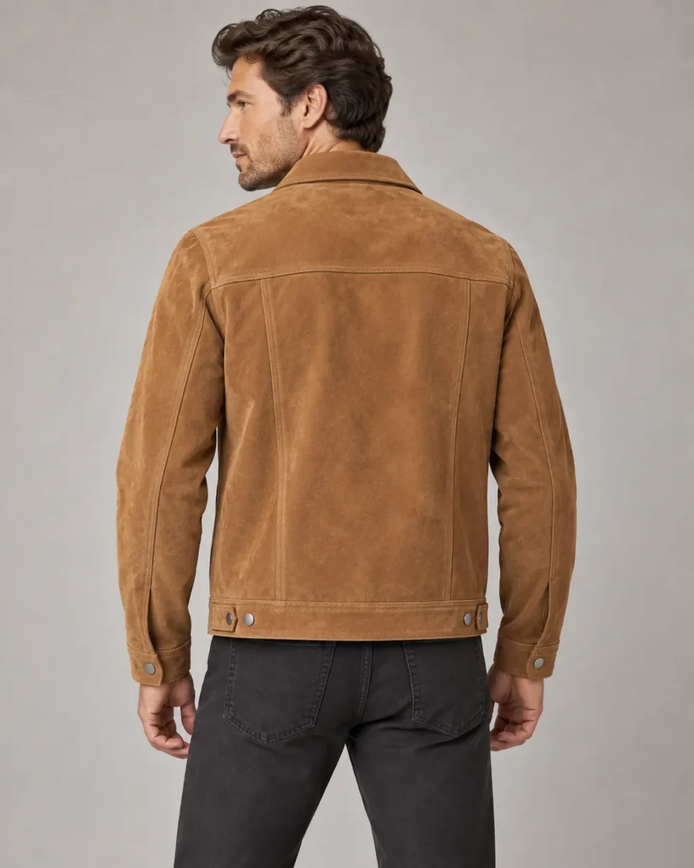 suede-trucker-jacket-back Tan suede trucker jacket back view