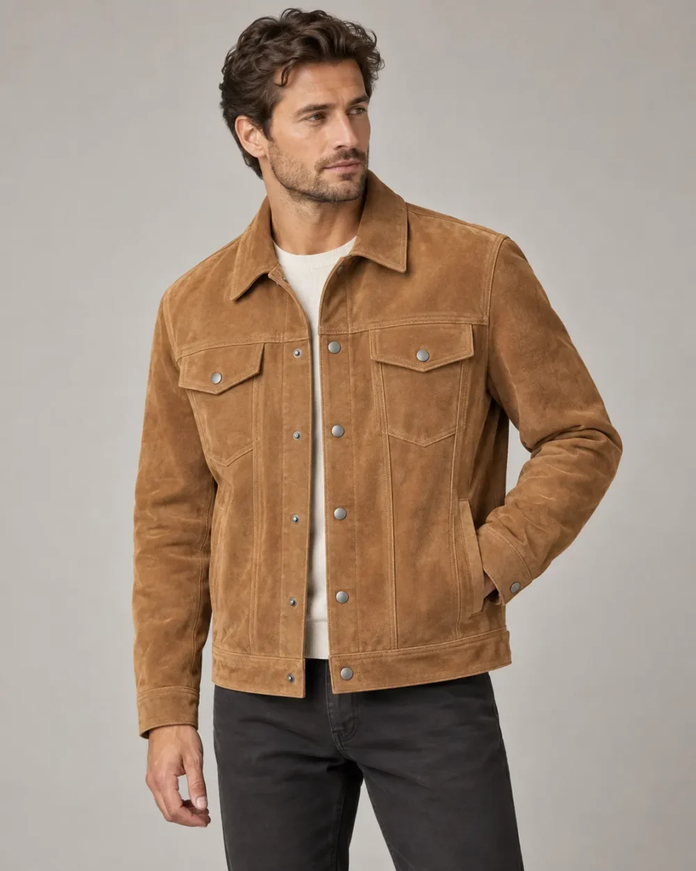 suede-trucker-jacket-front Tan suede trucker jacket front view