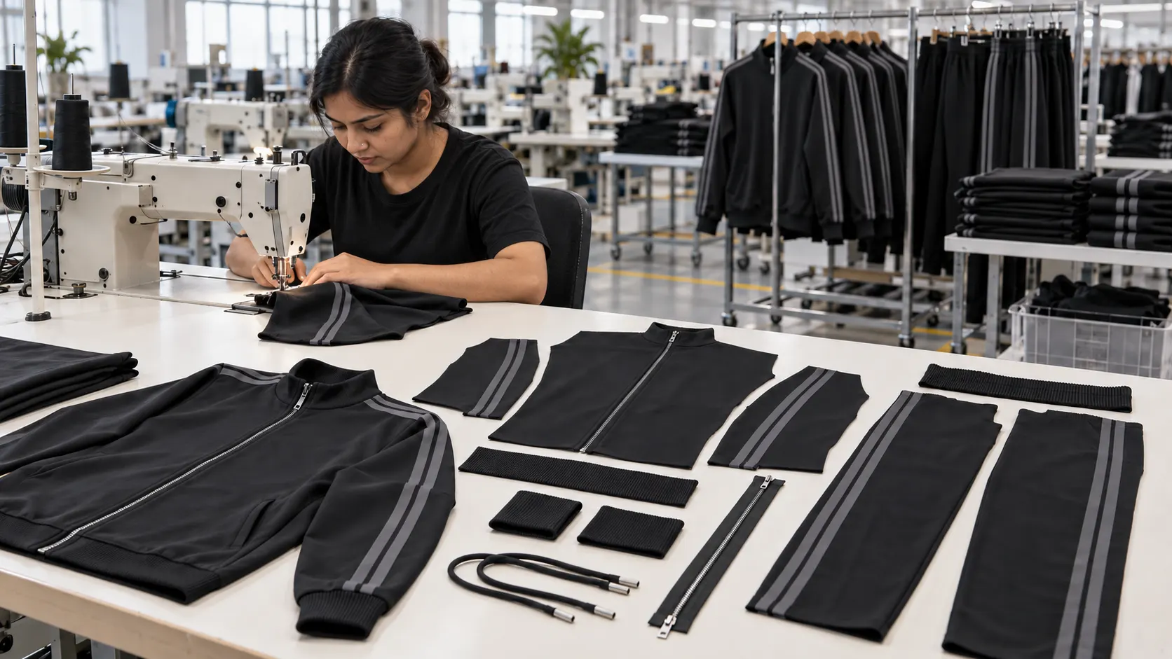 Custom tracksuit fabric cutting sewing branding quality control and packing process