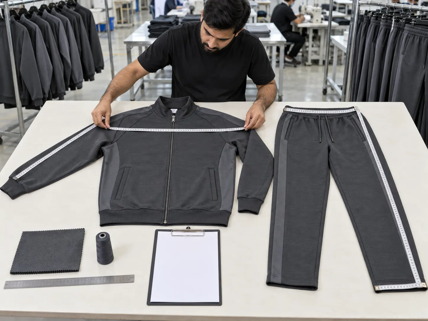 Quality control inspection of matching custom tracksuit jacket and pants measurements branding and trims