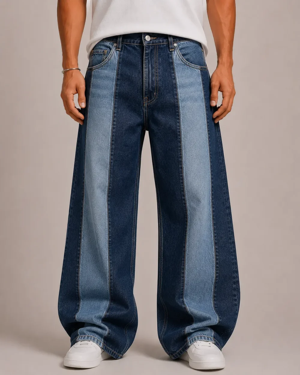 two-tone-panelled-jeans-front Two tone panelled jeans front view