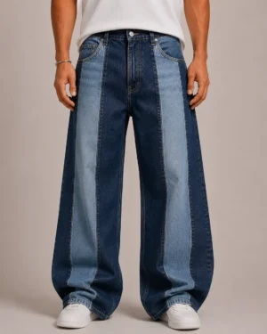 Two tone panelled jeans front view