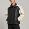 two-tone-panelled-leather-jacket-front Black and cream two tone leather jacket front view