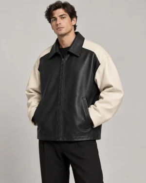two-tone-panelled-leather-jacket-front Black and cream two tone leather jacket front view