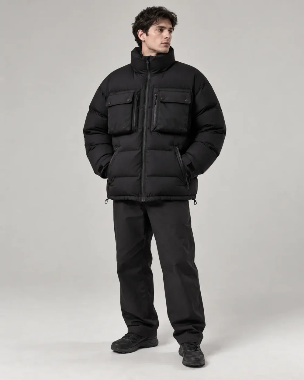 utility-cargo-pocket-puffer-jacket-front Utility cargo pocket puffer jacket front view