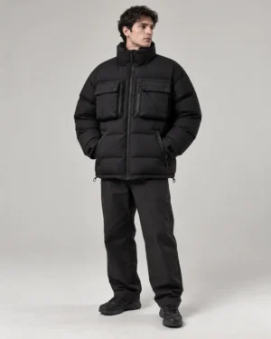 utility-cargo-pocket-puffer-jacket-front Utility cargo pocket puffer jacket front view