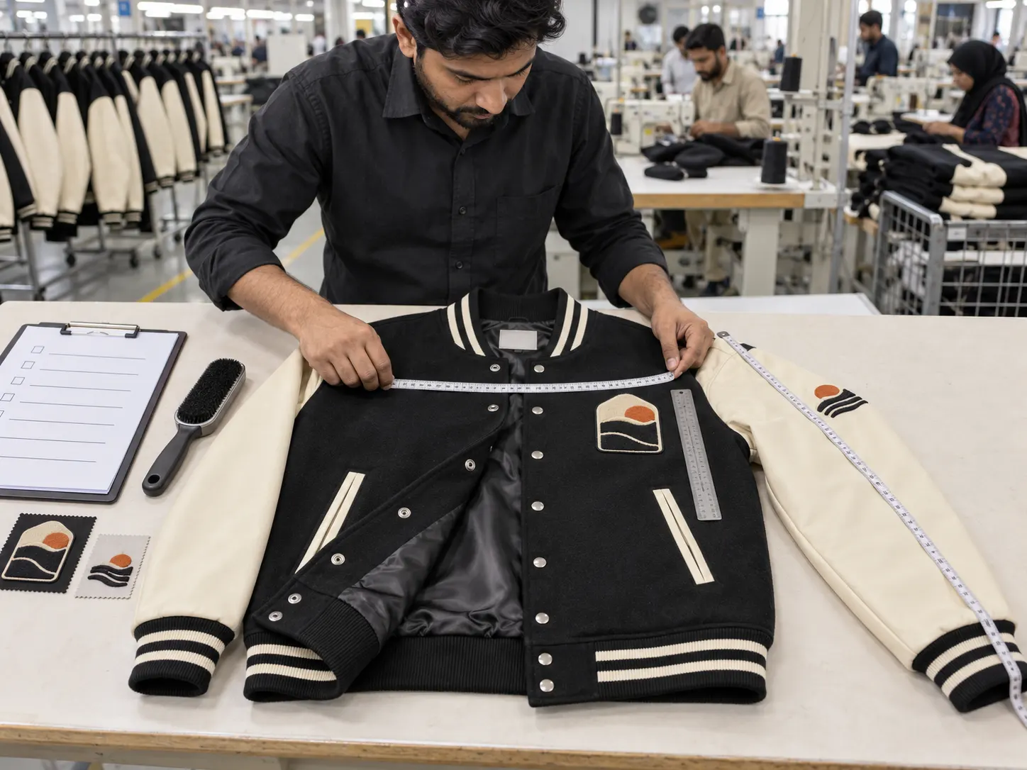 Quality control inspection of a custom varsity letterman jacket