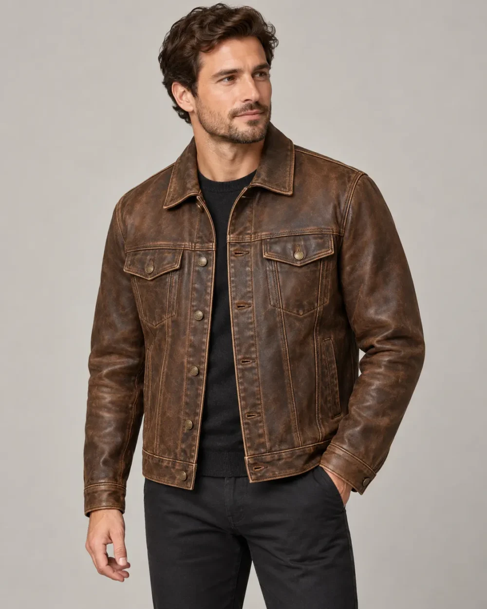 vintage-distressed-leather-trucker-jacket-front Vintage distressed brown leather trucker jacket front view