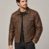vintage-distressed-leather-trucker-jacket-front Vintage distressed brown leather trucker jacket front view