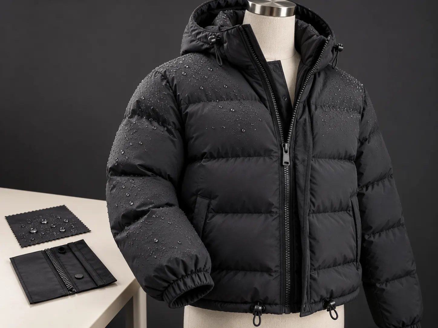 Water-resistant shell and weather protection details on a puffer jacket