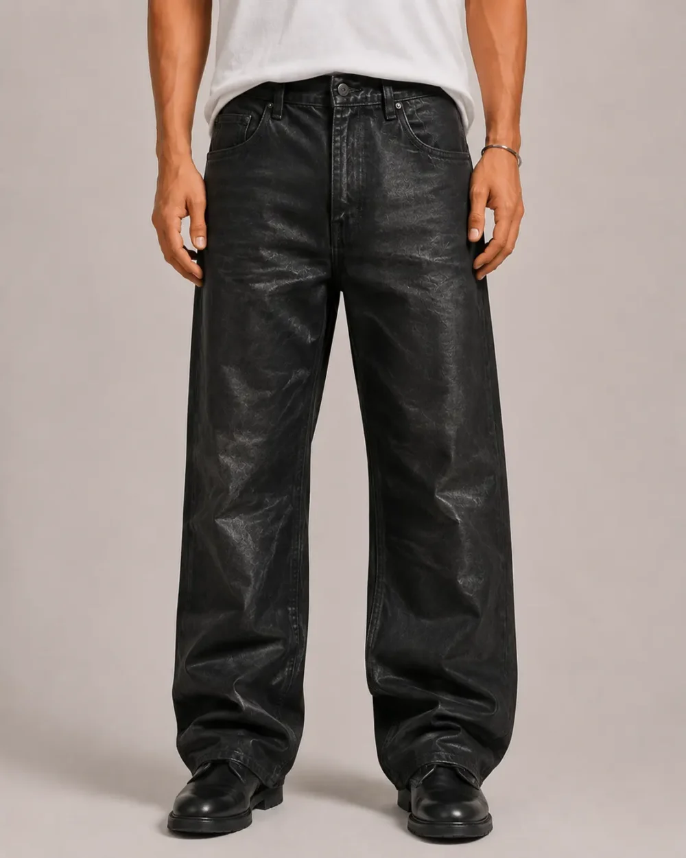waxed-denim-jeans-front Black waxed denim jeans front view
