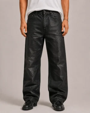 Black waxed denim jeans front view
