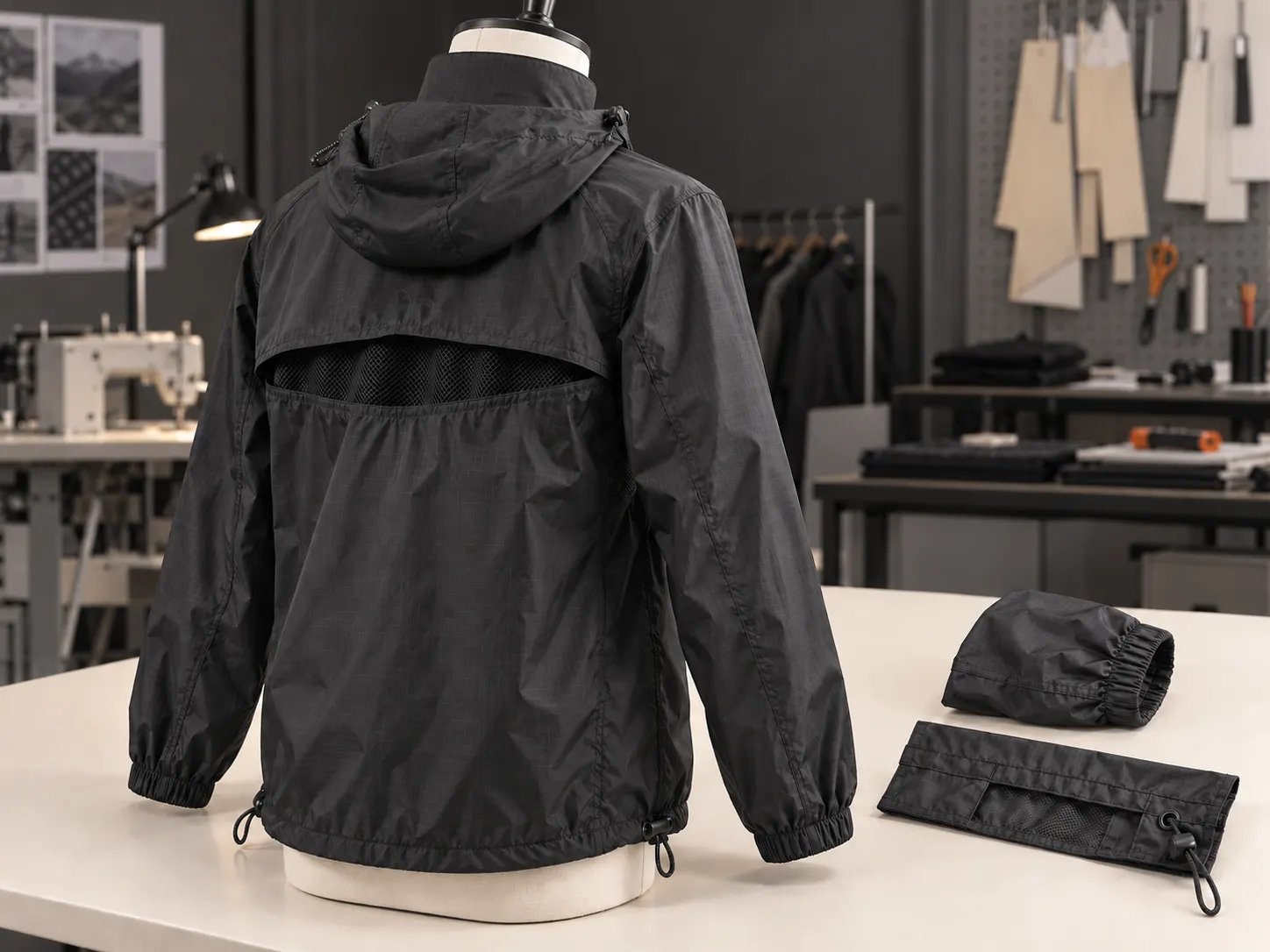 Custom windbreaker hood stand collar back ventilation elastic cuffs and drawcord hem