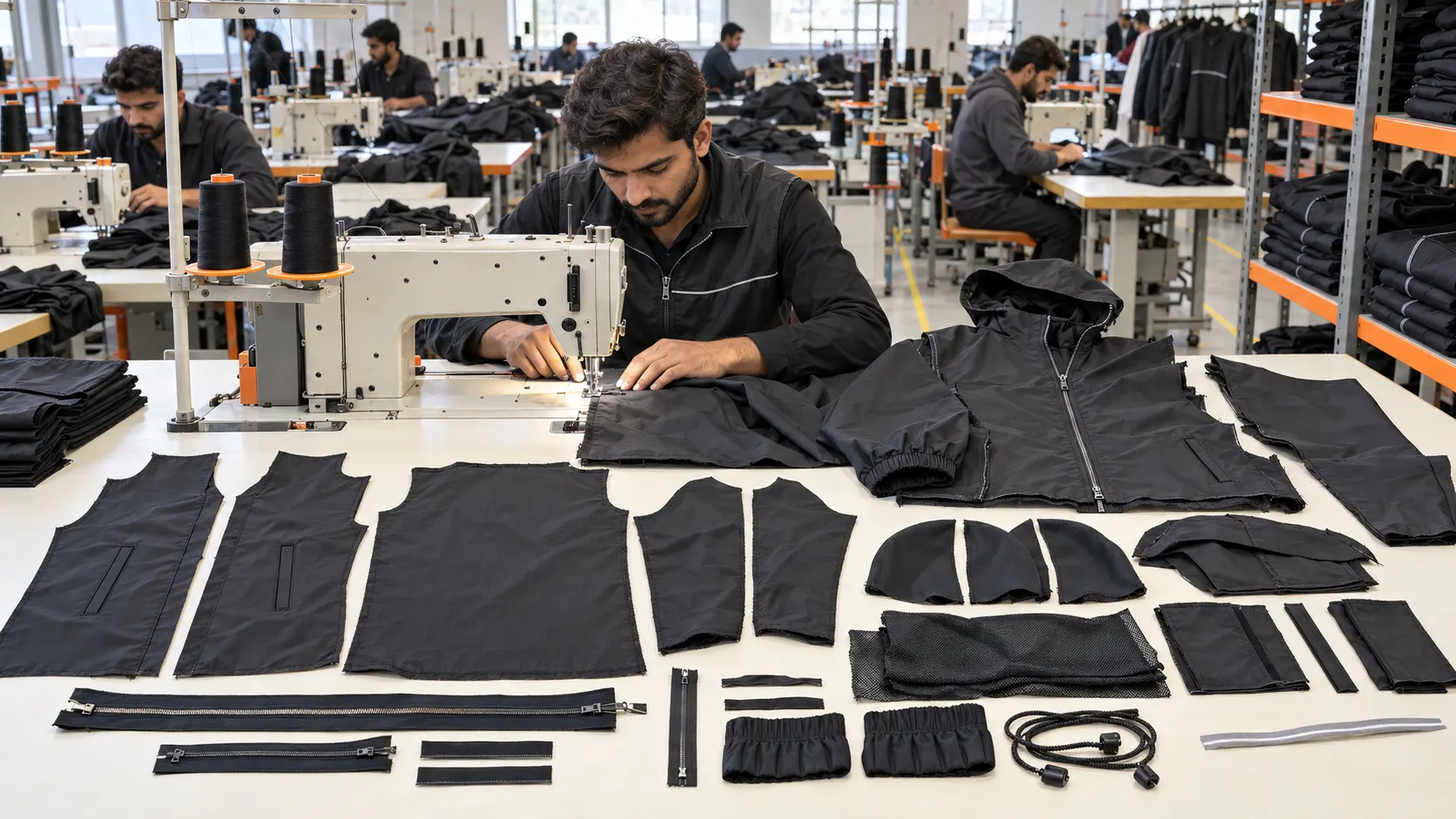 Custom windbreaker jacket cutting sewing and assembly in apparel manufacturing