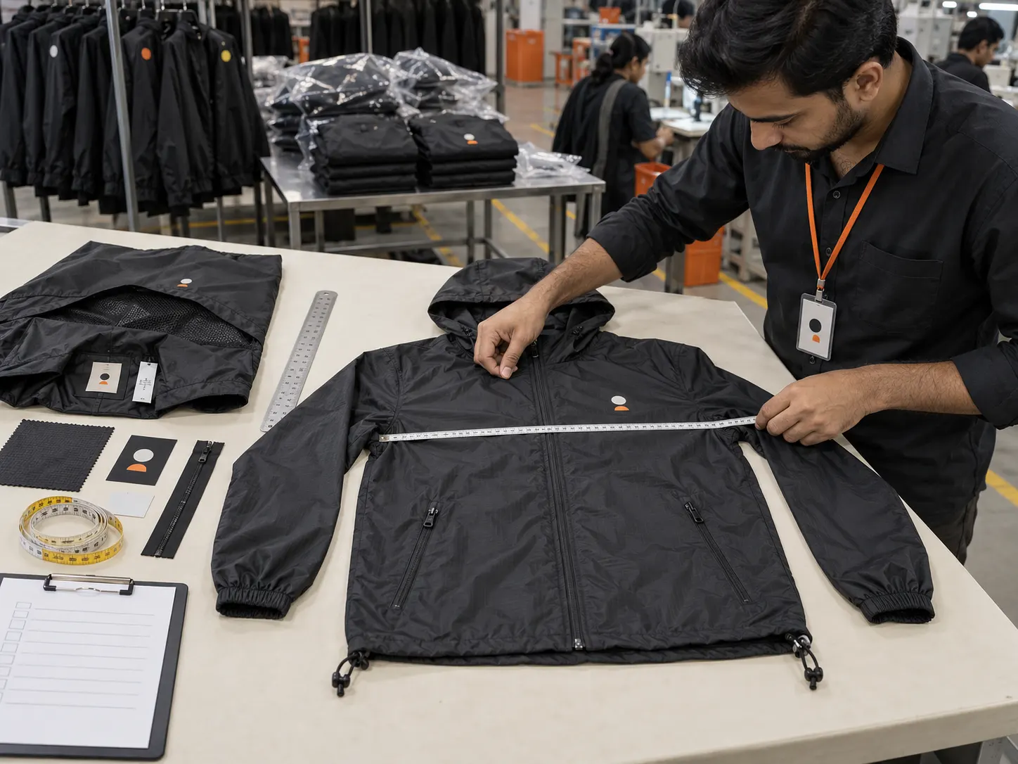Quality control inspection of a custom windbreaker jacket