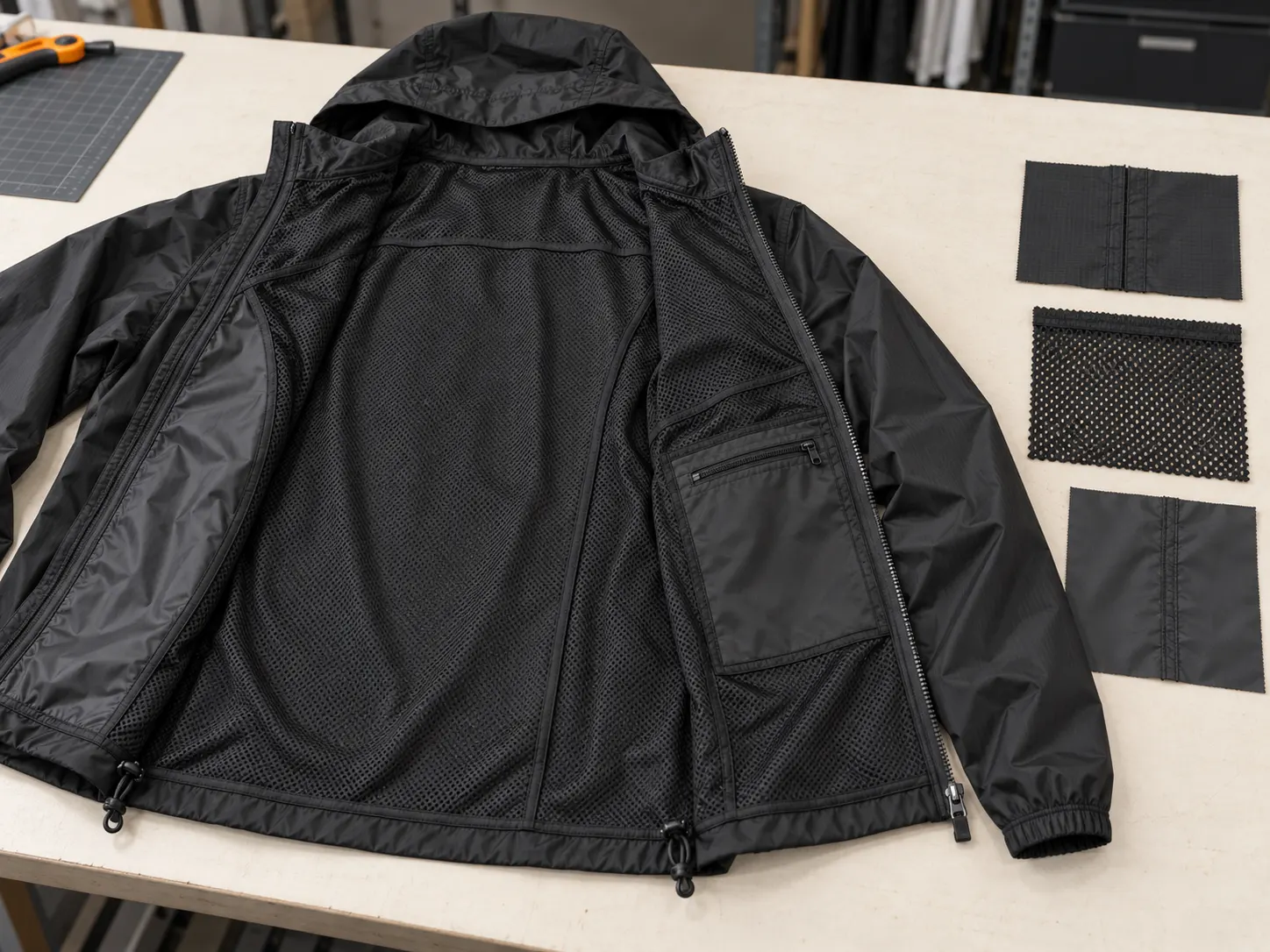 Unlined mesh lined and lightweight woven lining options for custom windbreaker jackets