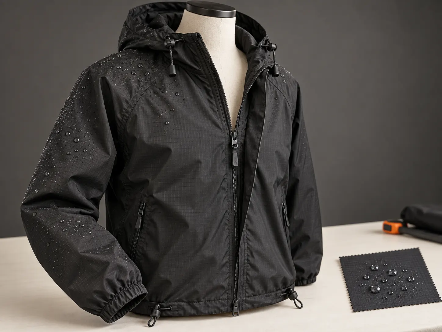 Water resistant windbreaker shell with zipper storm flap adjustable hood cuffs and hem