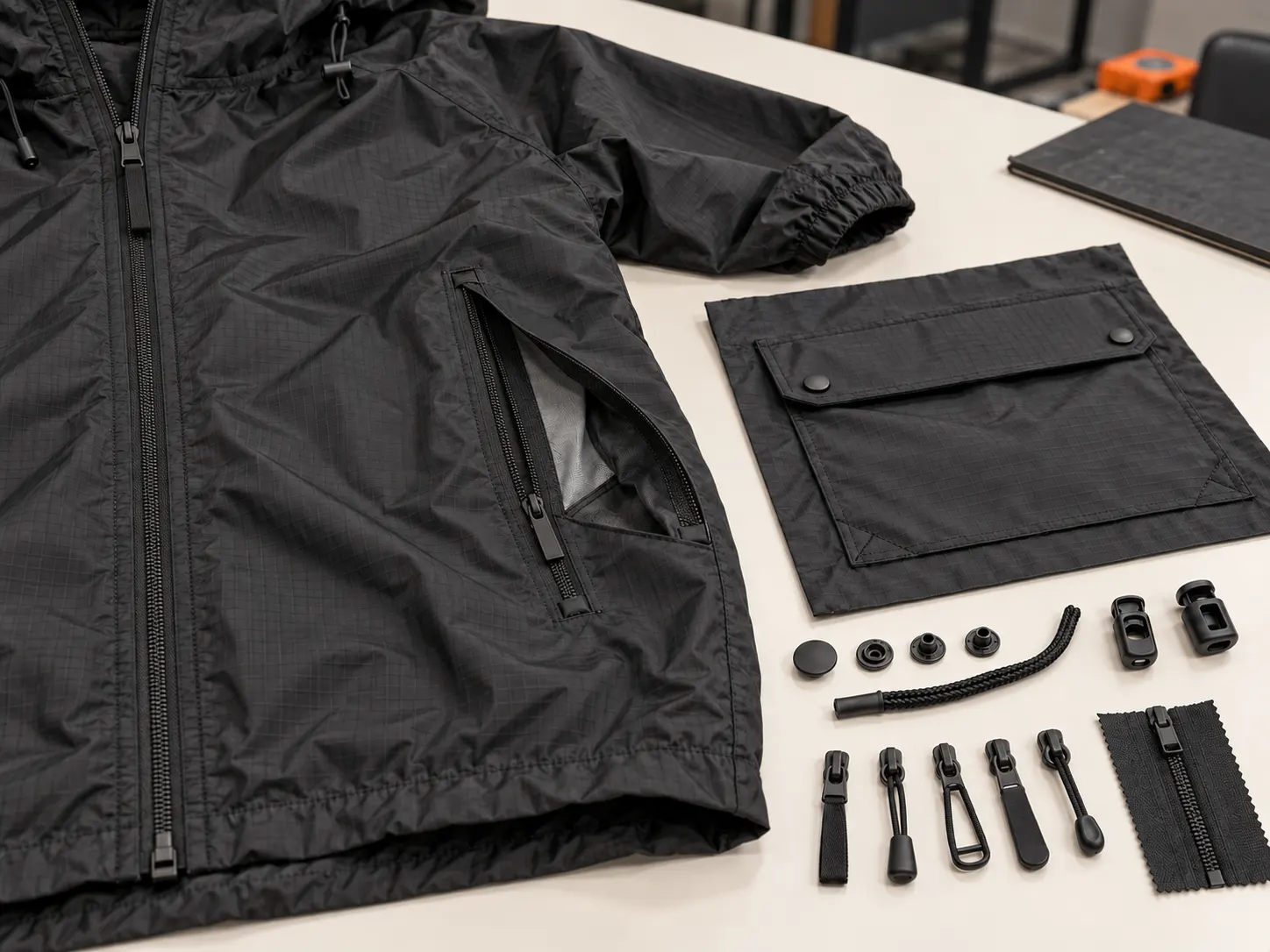 Windbreaker front zipper utility pockets drawcords snaps and hardware components