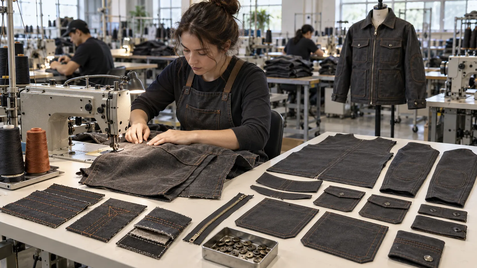 Custom workwear jacket fabric cutting sewing reinforcement branding and quality control process