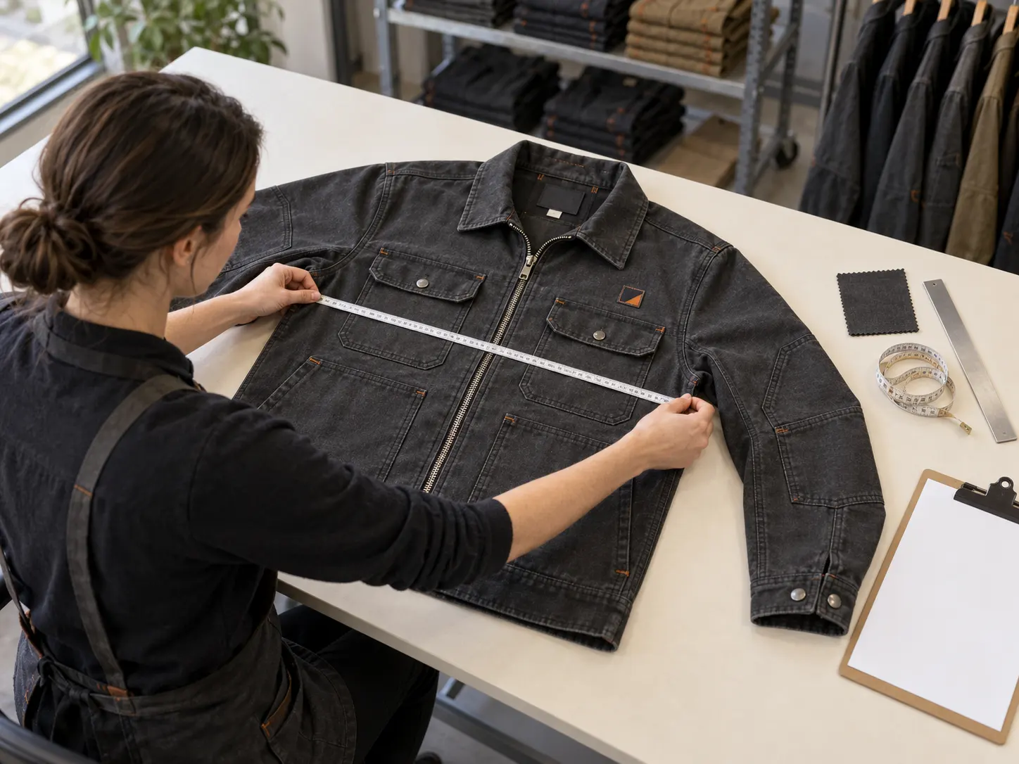 Quality control inspection of custom workwear jacket pockets seams zippers and measurements