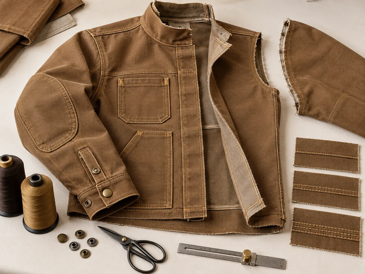 Reinforced seams bar tacks elbow panels and durable construction on workwear jackets