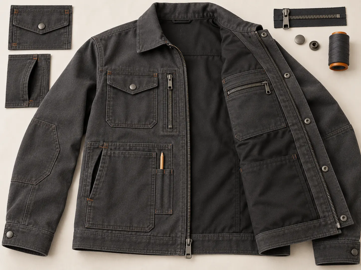 Custom workwear jacket utility chest hand internal and tool pocket configurations