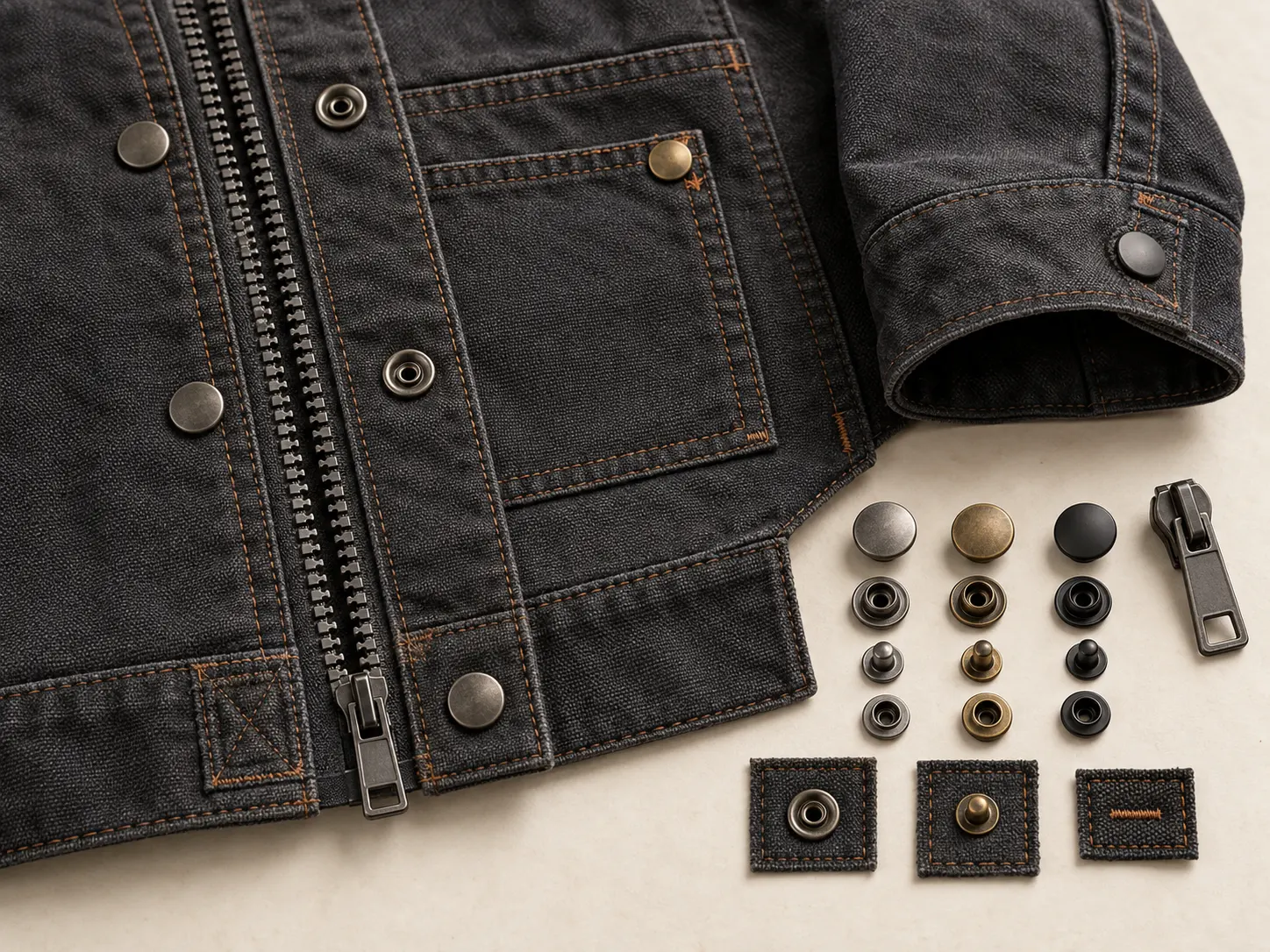 Custom workwear jacket heavy duty zippers snaps buttons and utility hardware