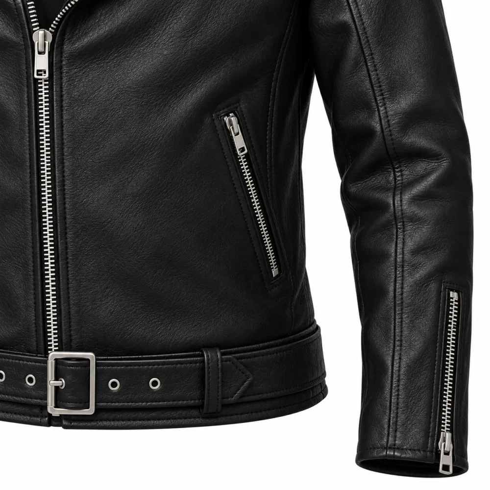 Close-up mockup of biker jacket waist belt, zipped pocket and sleeve cuff