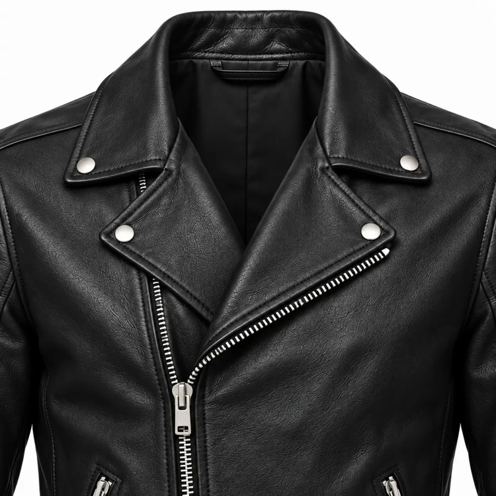 Detail mockup of black biker jacket snap lapels and asymmetric zipper