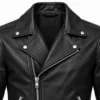 Detail mockup of black biker jacket snap lapels and asymmetric zipper