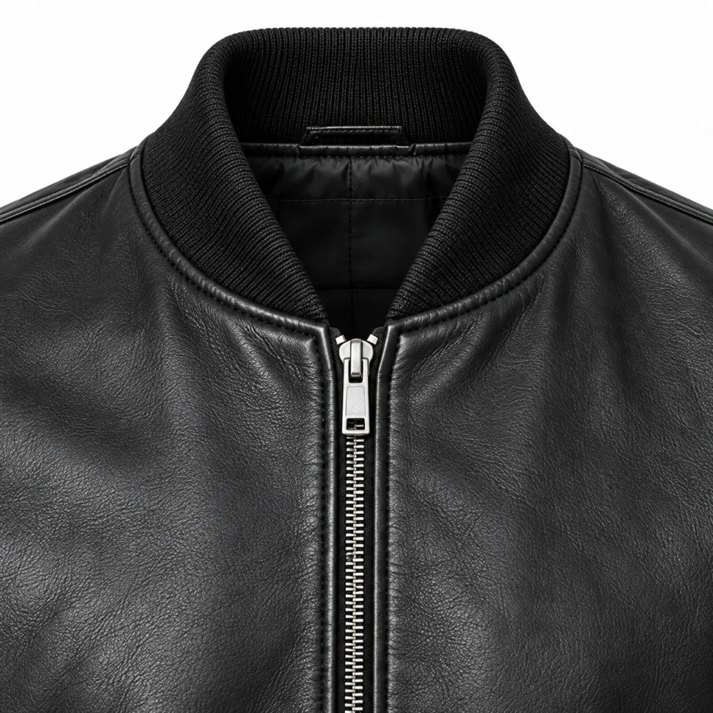Detail mockup of black leather bomber jacket ribbed cuff and waistband