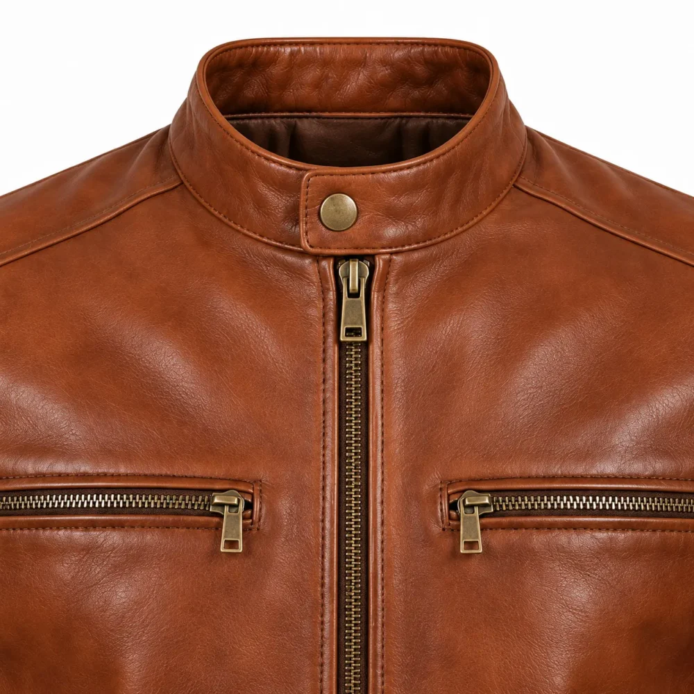 Detail mockup of snap-tab collar and chest zippers on cognac leather jacket